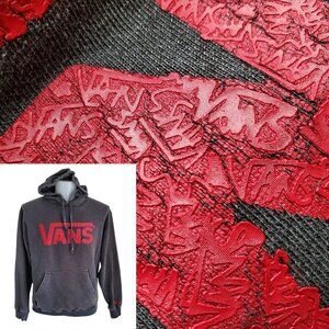 VANS logo textured Spell-out Hoodie Charcoal Gray & Red Streetwear Size L